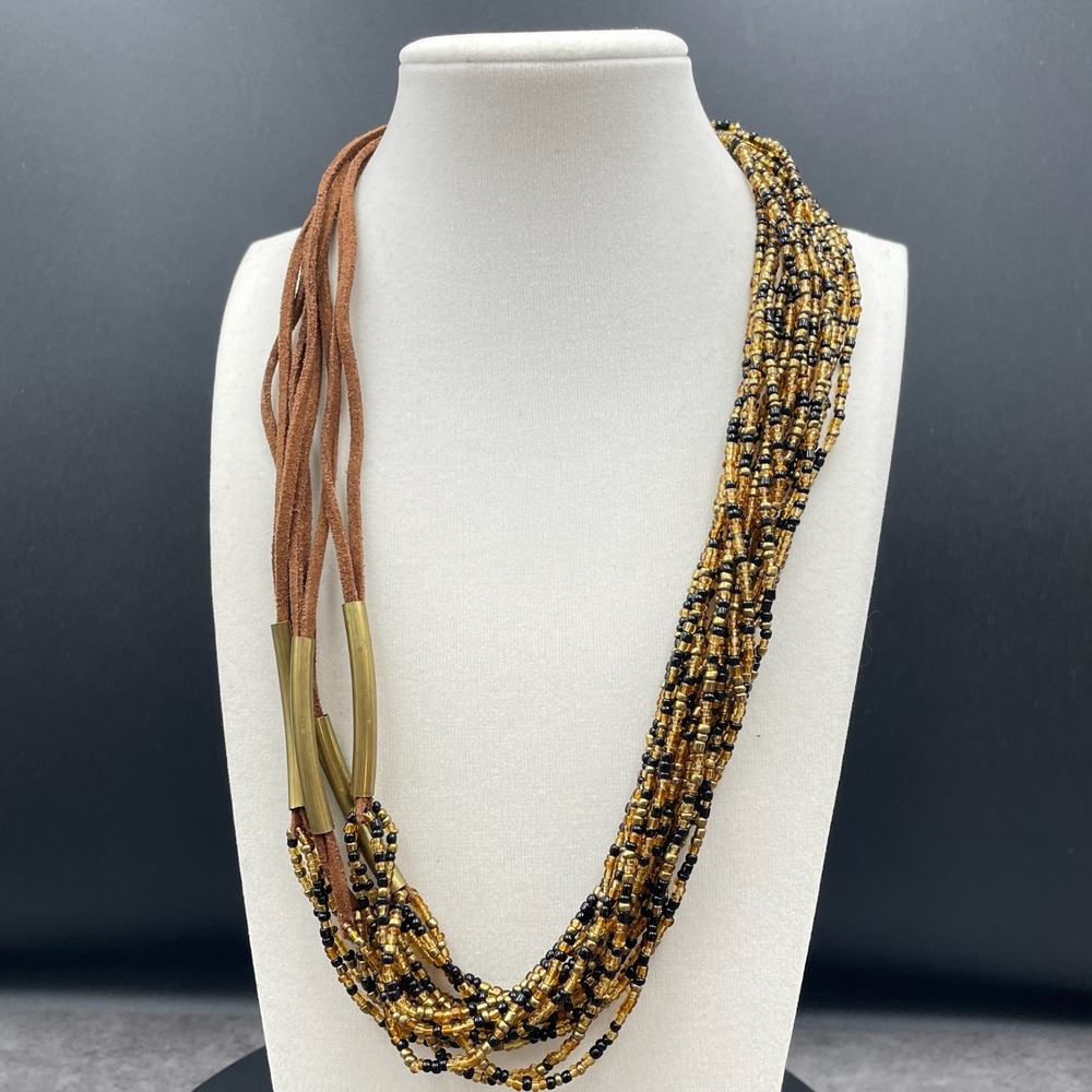 Vintage Amber Gold-Tone Suede Glass Seed Bead Multi-Strand Torsade Necklace